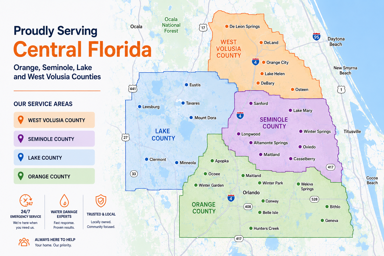 Map of Carpet Rescue service areas across Orange, Seminole, Lake and West Volusia Counties