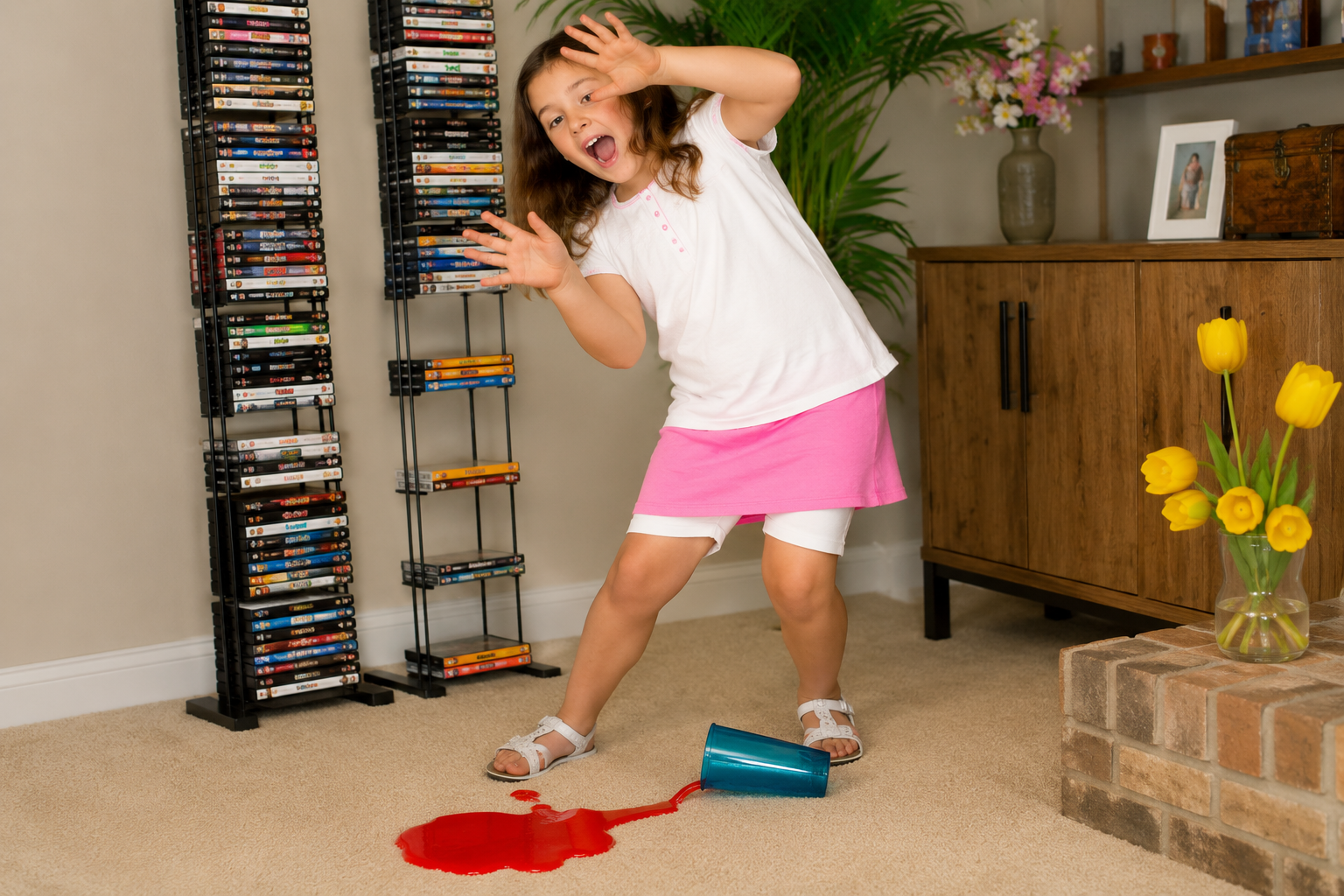 Child near a spilled drink on carpet